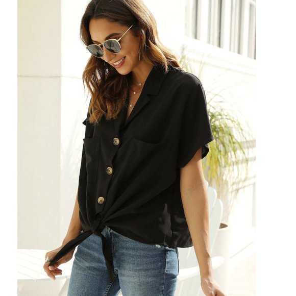 Lapel Collar Knot Hem Button Up Blouse - Picture 3 of 3